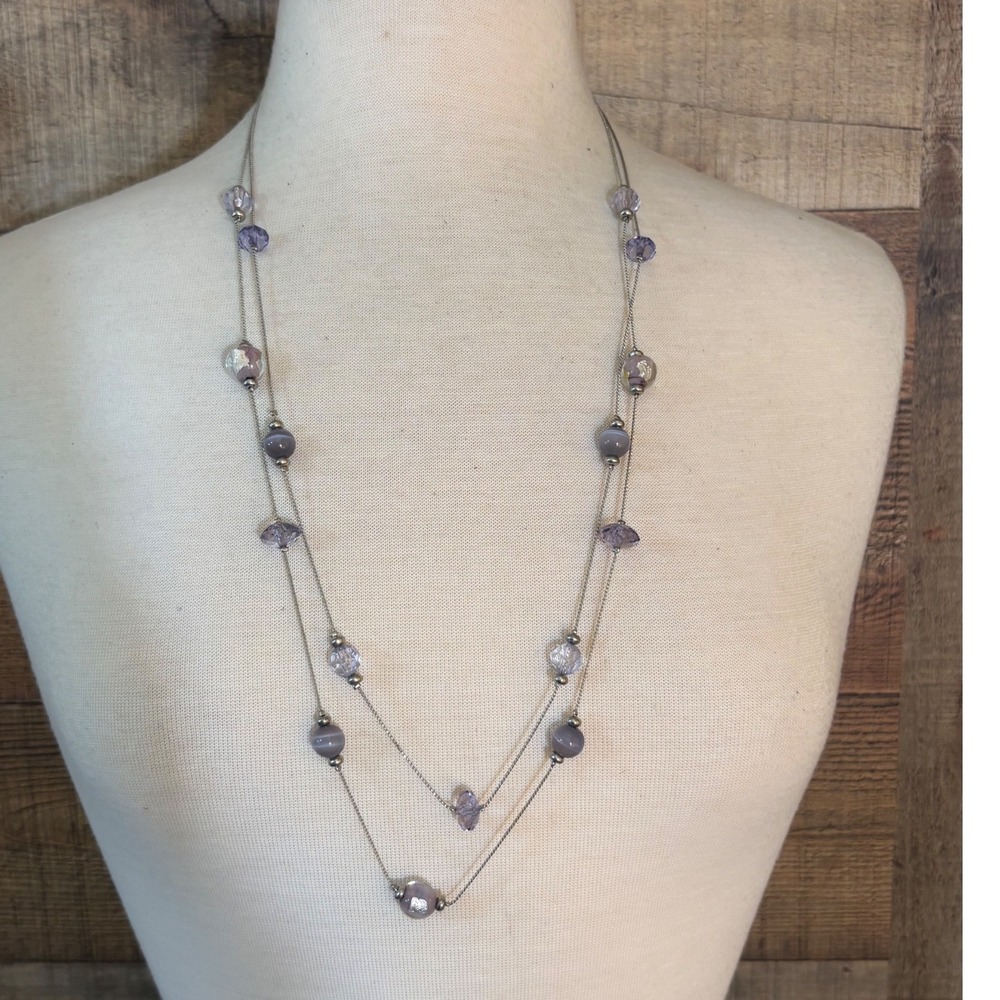 Silver Tone Double Strand Purple Crystal and Grey Beaded Layered Necklace